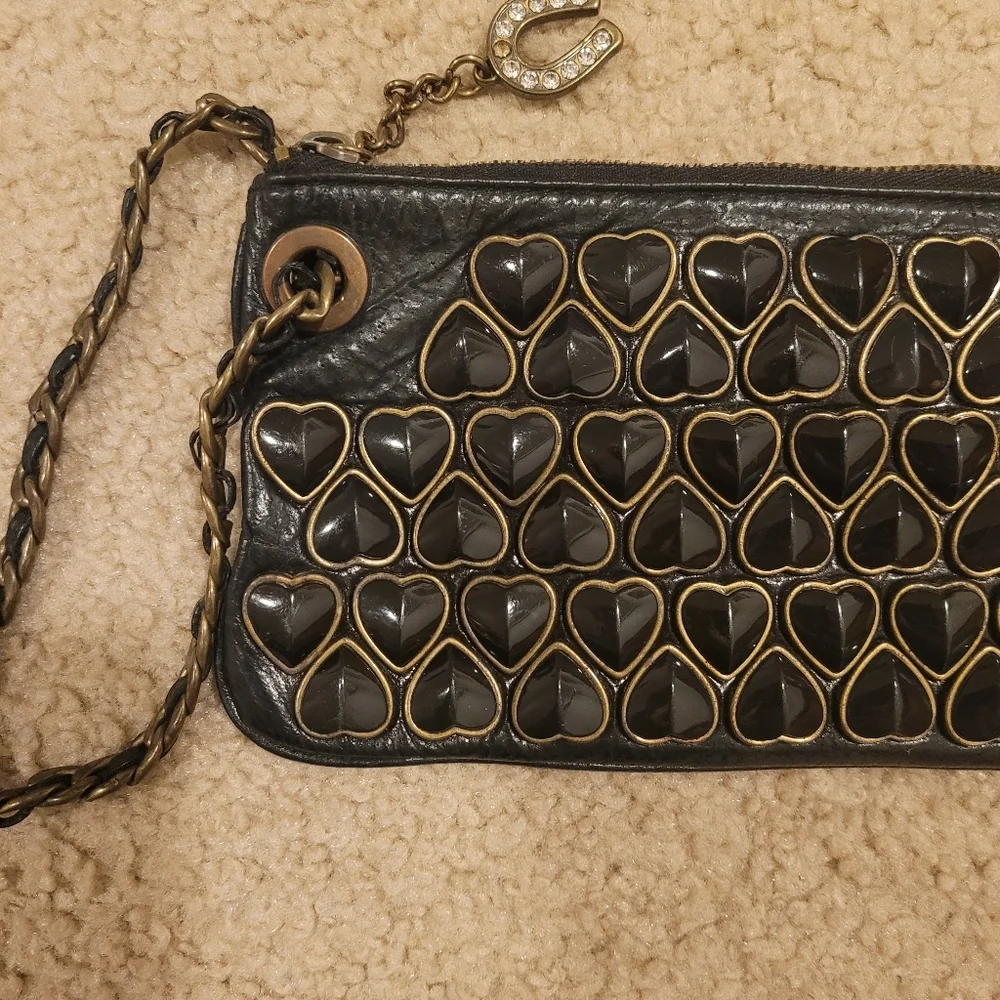 Rare Betsy Johnson Studded Black Heart Leather Clutch Chain‎ and Leather Strap
